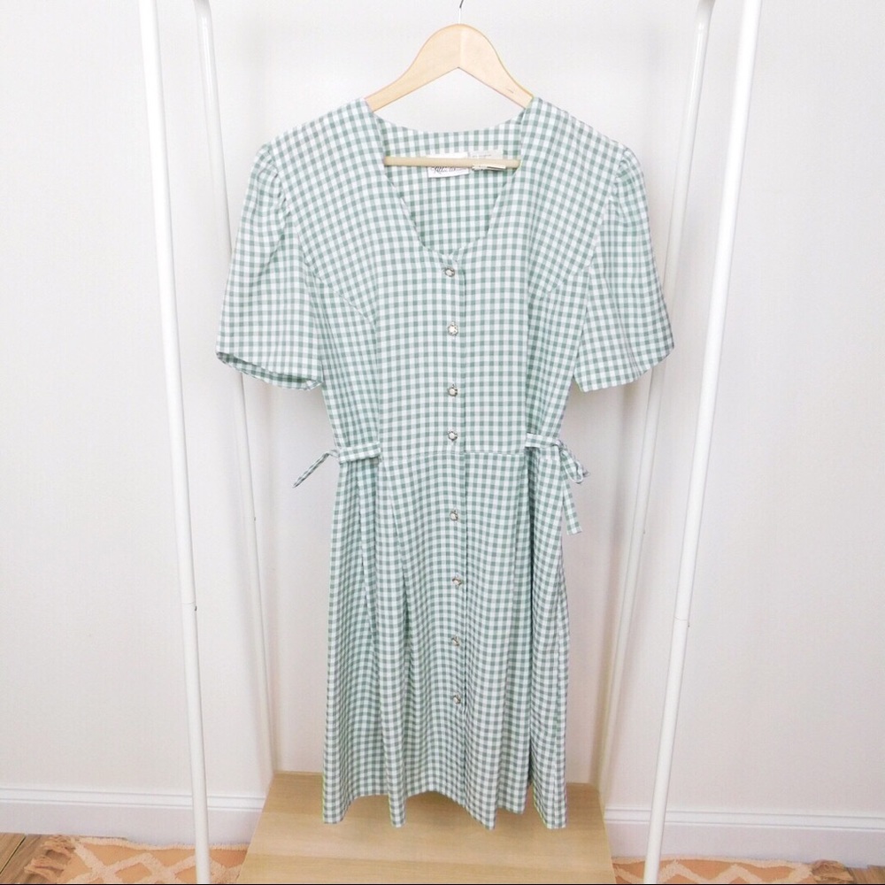 Vintage Green Gingham Pearl Button Dress